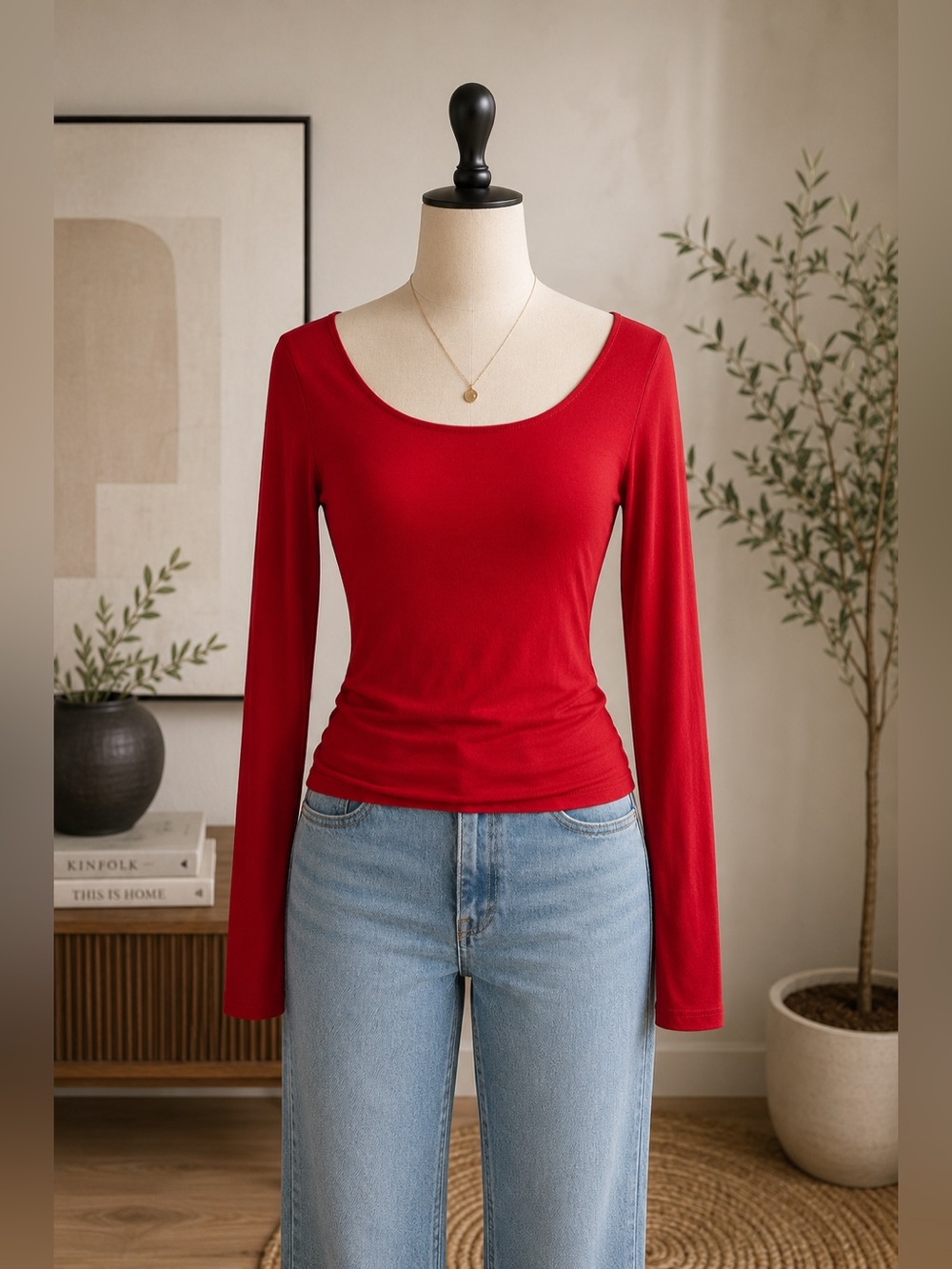 Forever 21 Women's Long Sleeve Scoop Neck Top in Red